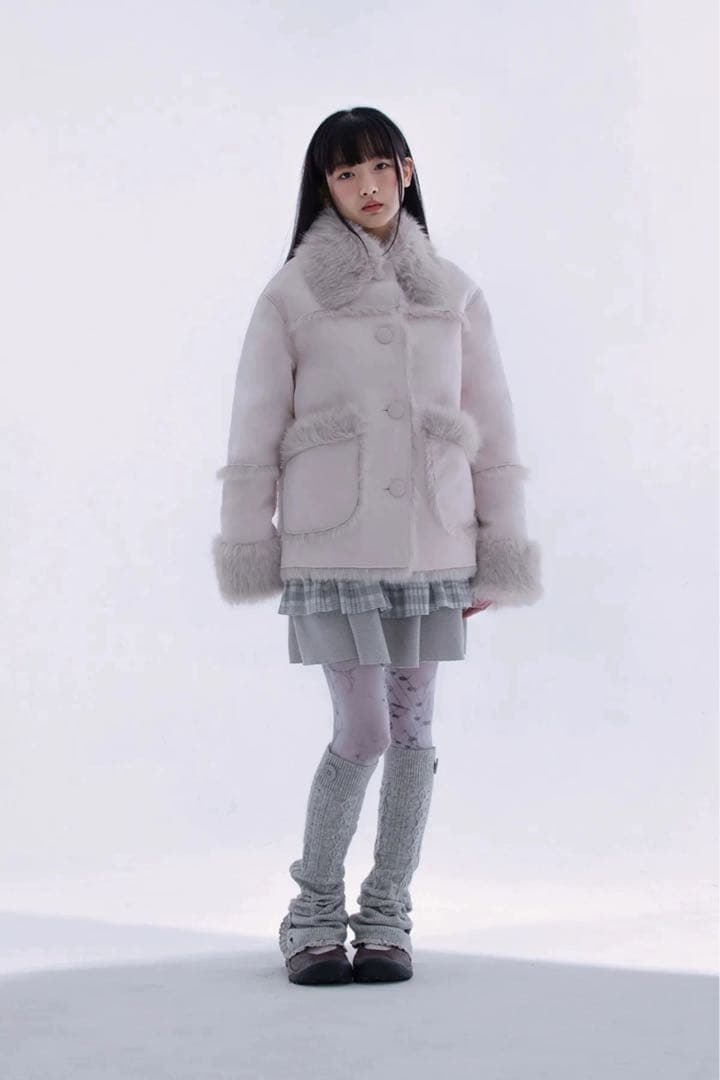 Hugyourskin ファー付き ライトピンク ジャケット