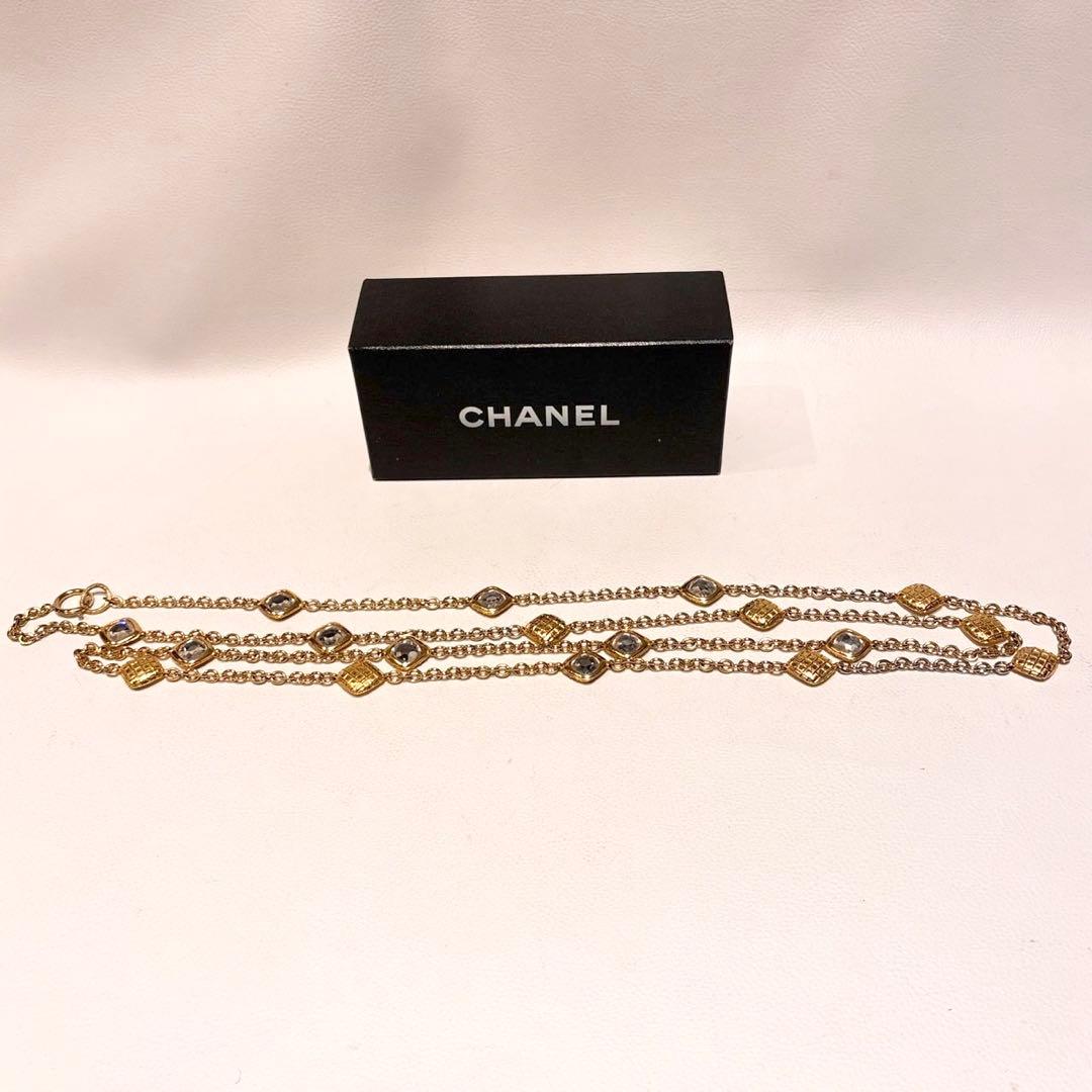 シャネル ヴィンテージ チェーンネックレス ラインストーン マトラッセ ゴールド