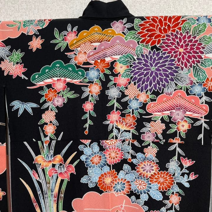 振袖 正絹 ジュニア着物 振り袖 十三参り振り袖 ハーフ成人式 黒地花柄 超美品