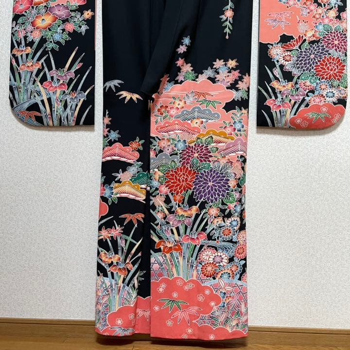 振袖 正絹 ジュニア着物 振り袖 十三参り振り袖 ハーフ成人式 黒地花柄 超美品