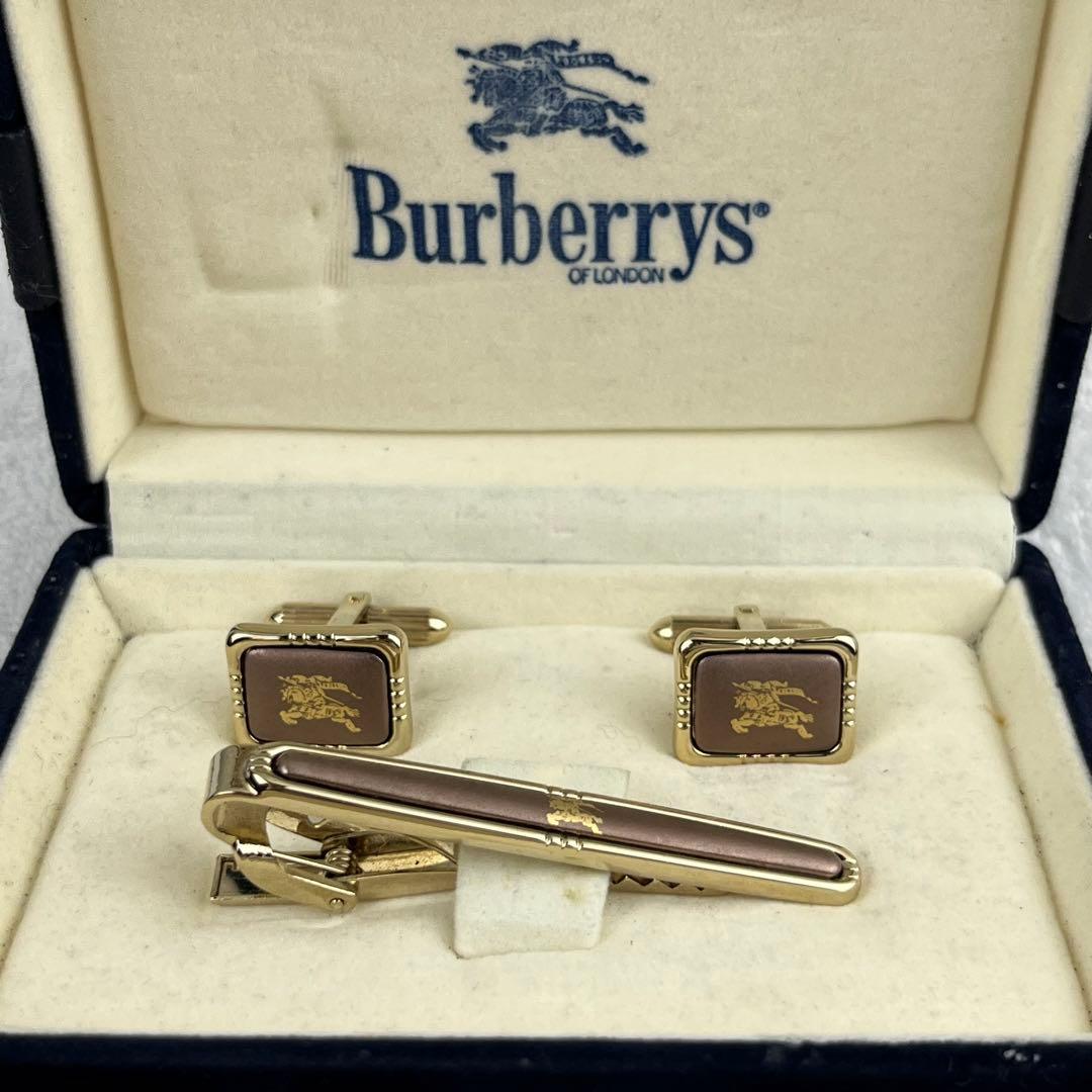 【美品】バーバリー ネクタイピン カフス セット ブラウン ゴールド ホースロゴ