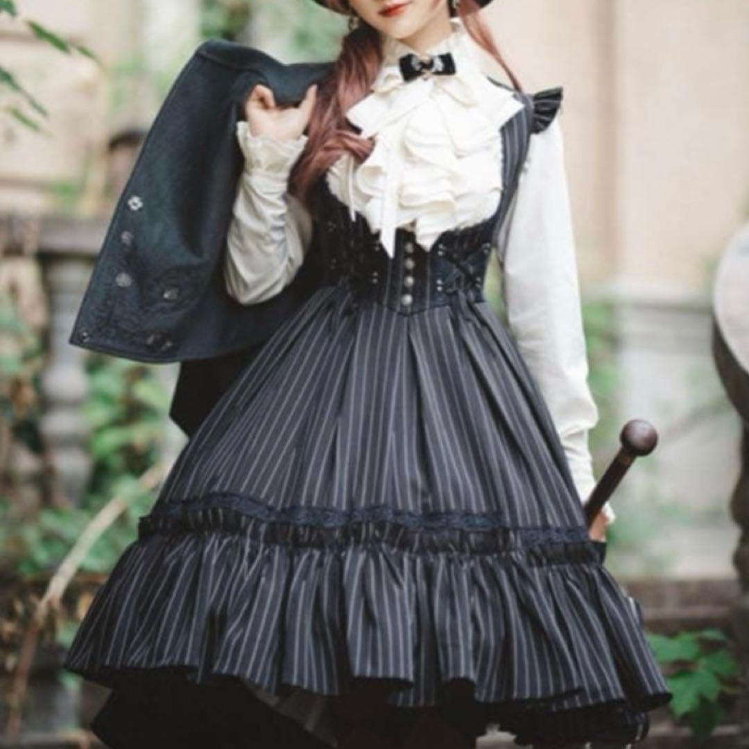 オッズアンジェロ　クラシック編み上げワンピース ストライプ ブラック　希少美品