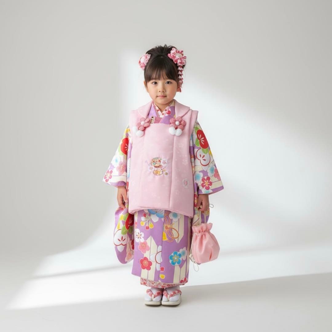3歳七五三 着物セット　女の子 ピンク　紫　ストライプ　花柄刺繍　小町kids