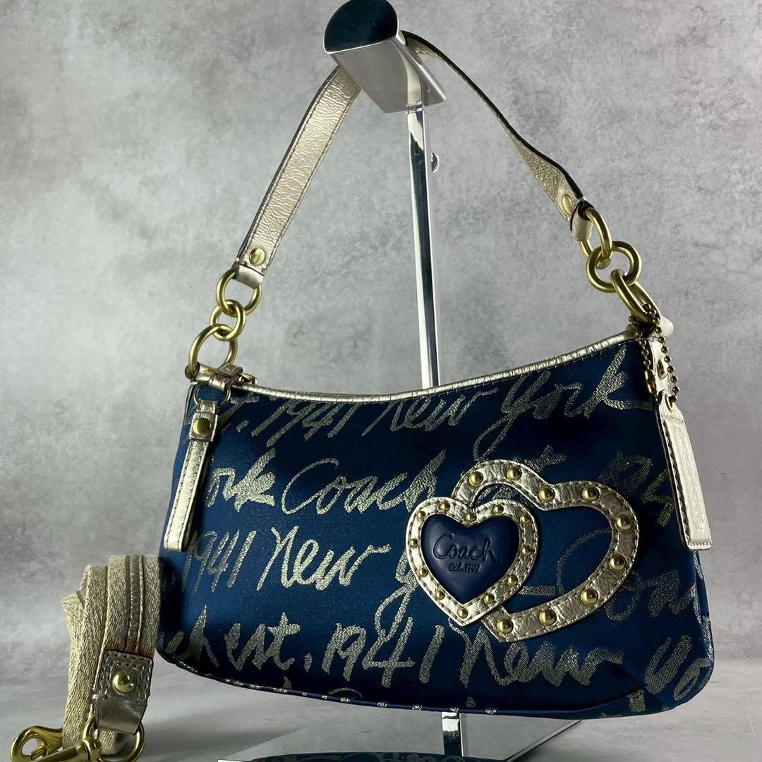 ✨美品✨コーチ　ポピー　ショルダーバッグ　2way ハート　スクリプトロゴ　紺色