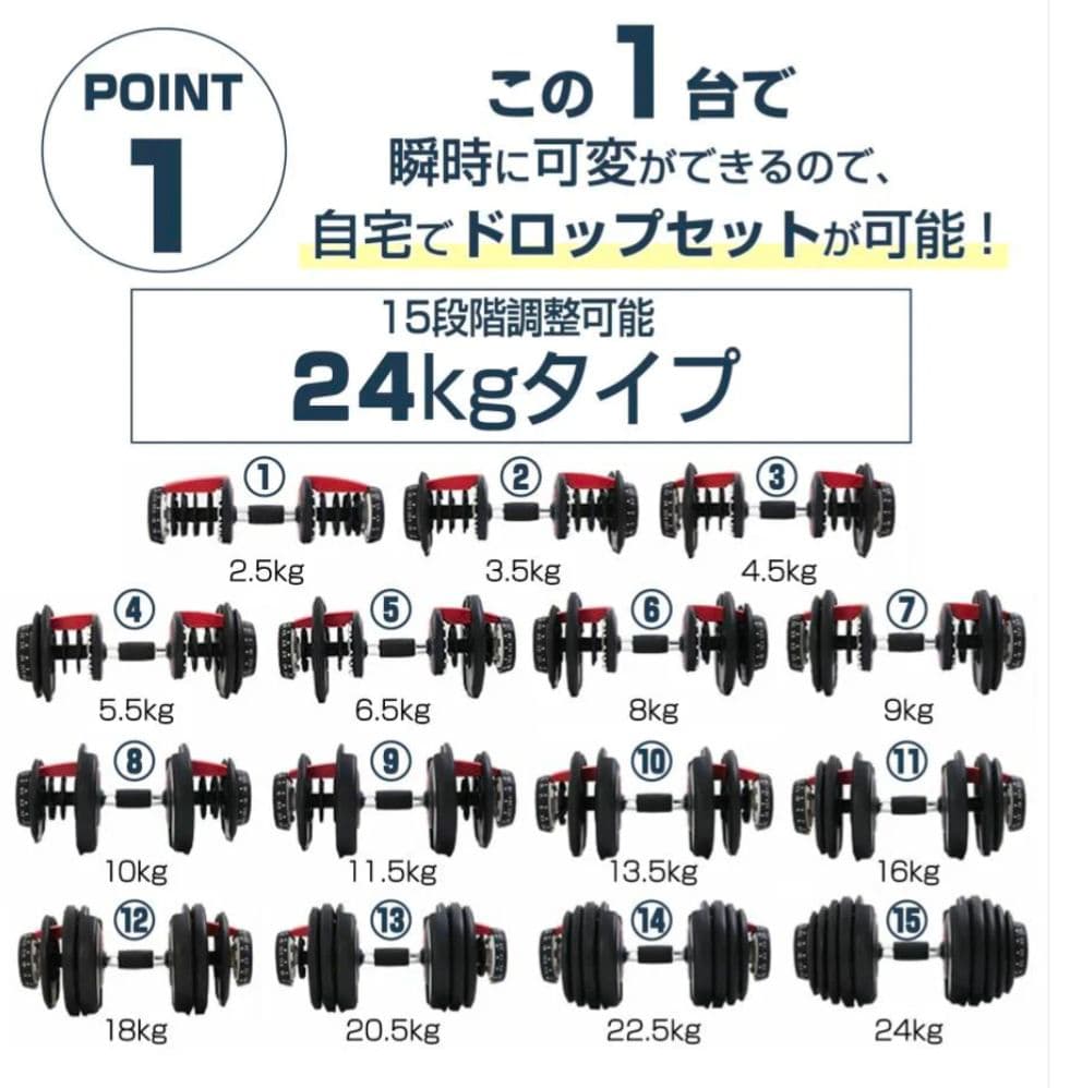 【新品】可変式ダンベル ブラック 24kg×2個セット｜15段階調整安全設計