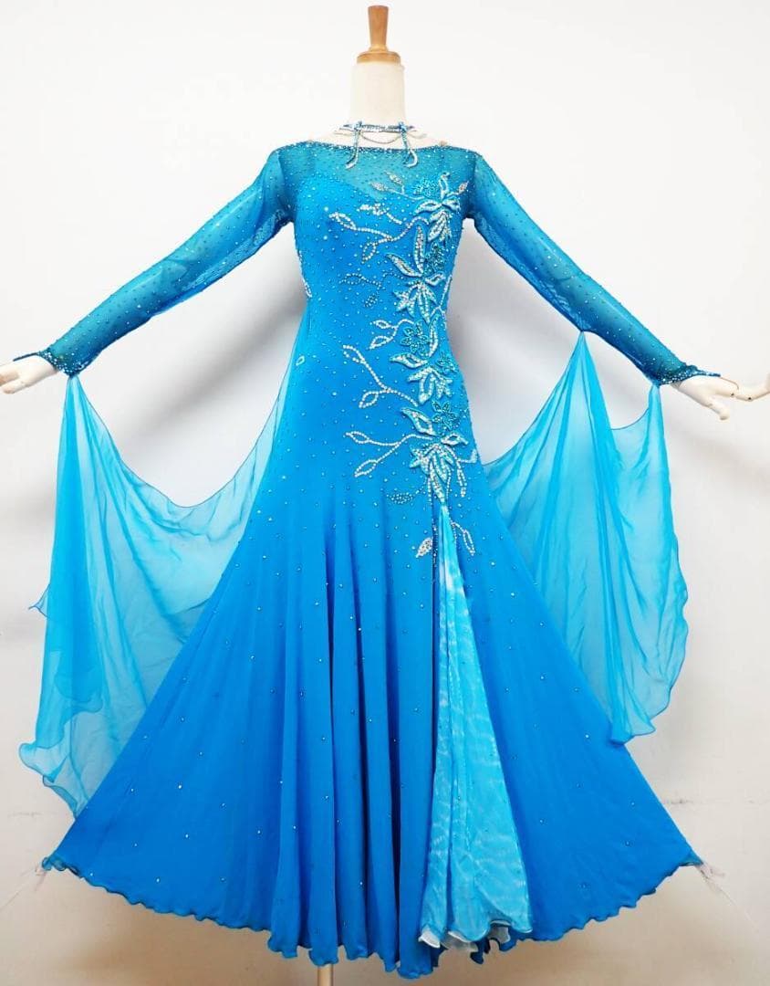 B1307★水色/スワロフスキー/ワンピース/スタンダードドレス☆社交ダンス