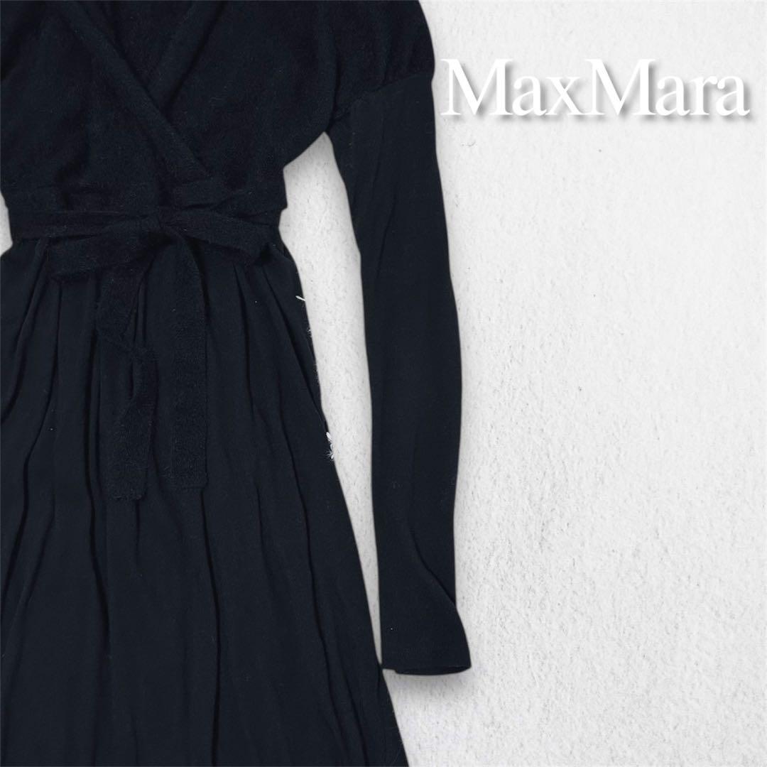MaxMara STUDIO赤タグ アンゴラ混ドッキングワンピース黒 カシミヤ混