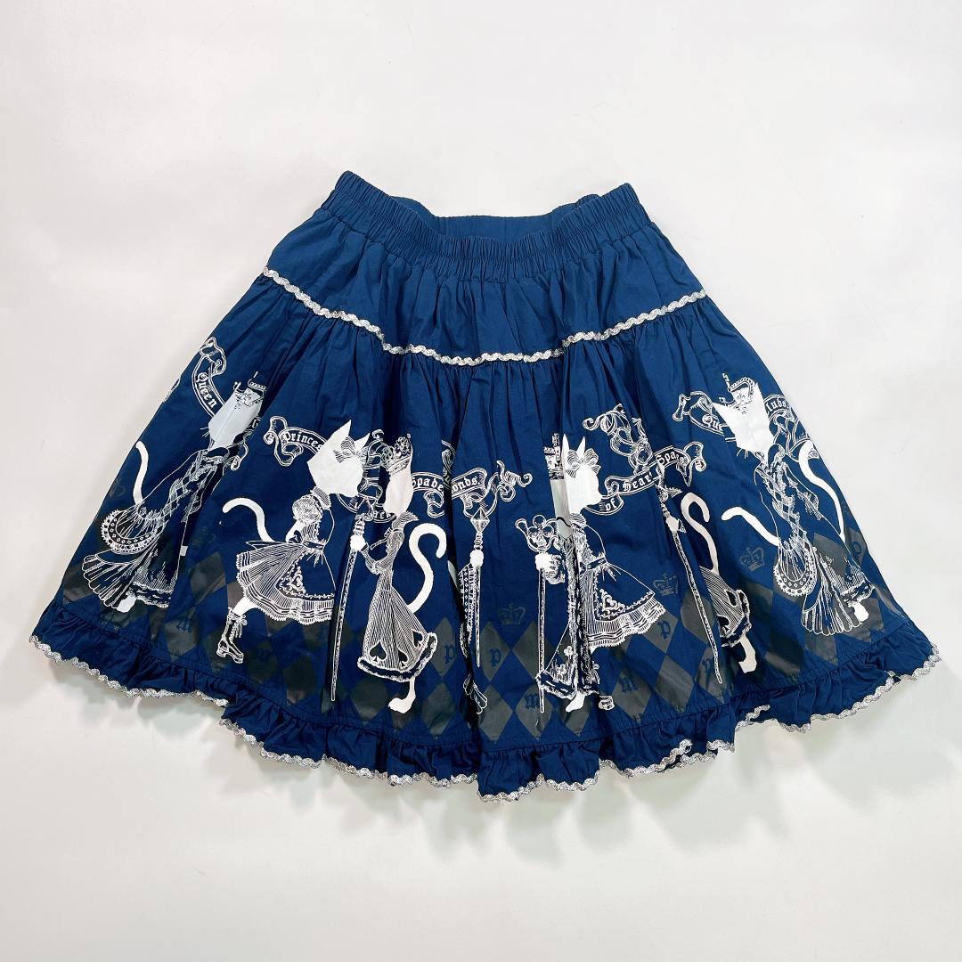 PUTUMAYO プトマヨ フリル ミニスカート ネコプリント ネイビー