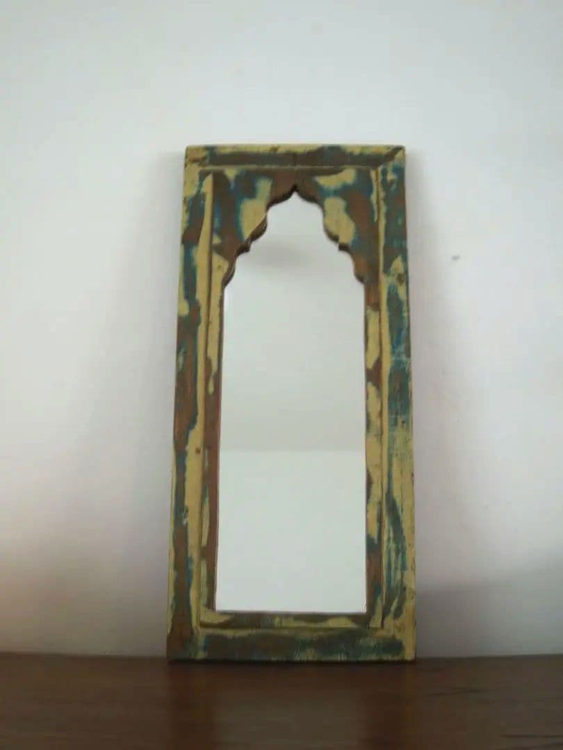 【　インド　ヴィンテージ　ミラー　】鏡　アンティーク　レリーフ　木製　壁掛け