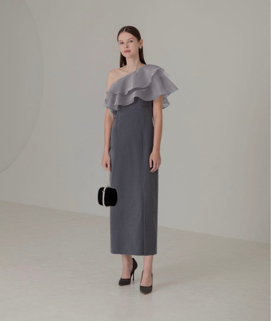 Leja アシンメトリーティアードフリル3WAYベロアIラインドレスワンピース