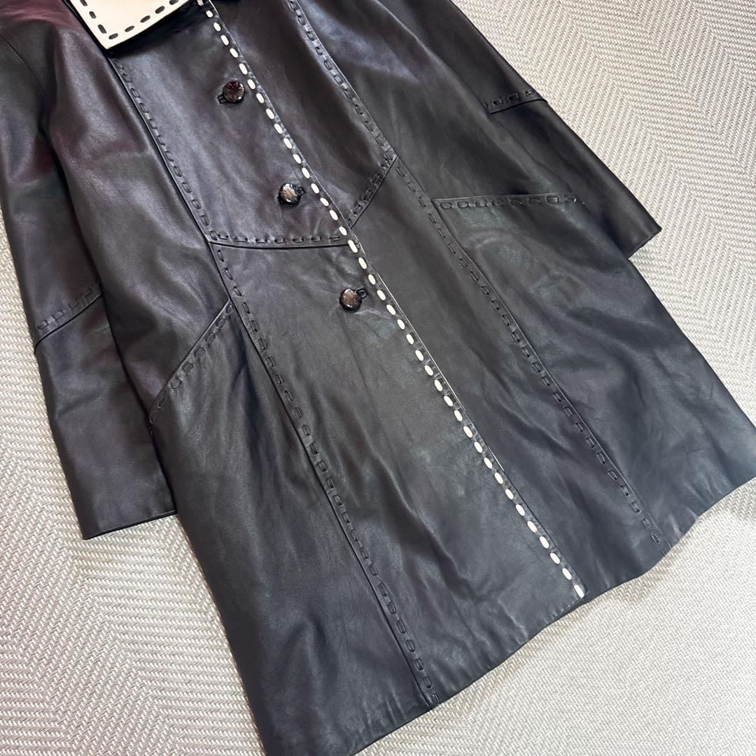 美品 BALMAIN 高級ラムレザー ロングコート モノトーン 白黒 2XL