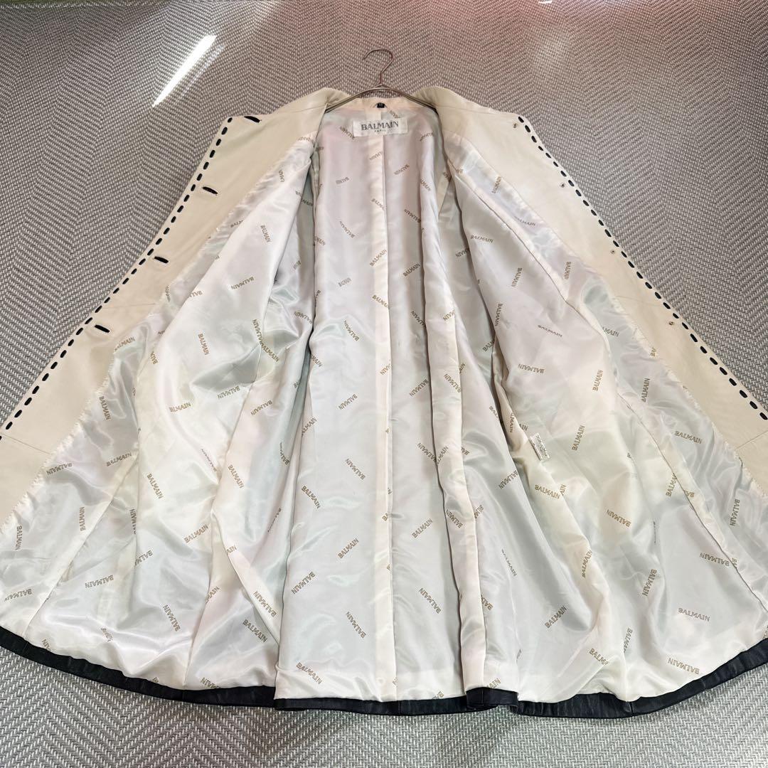 美品 BALMAIN 高級ラムレザー ロングコート モノトーン 白黒 2XL