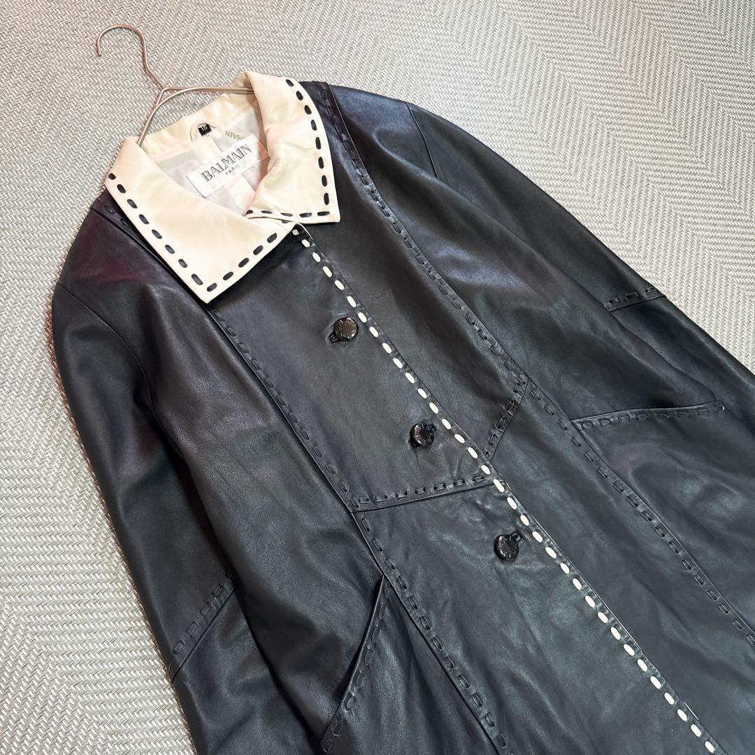 美品 BALMAIN 高級ラムレザー ロングコート モノトーン 白黒 2XL