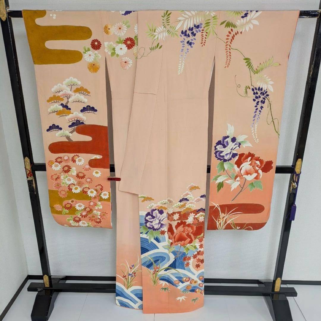 は*ー様 振袖 裄67 作家物 セミアンティーク 一つ紋 青海波に花柄金彩正絹T