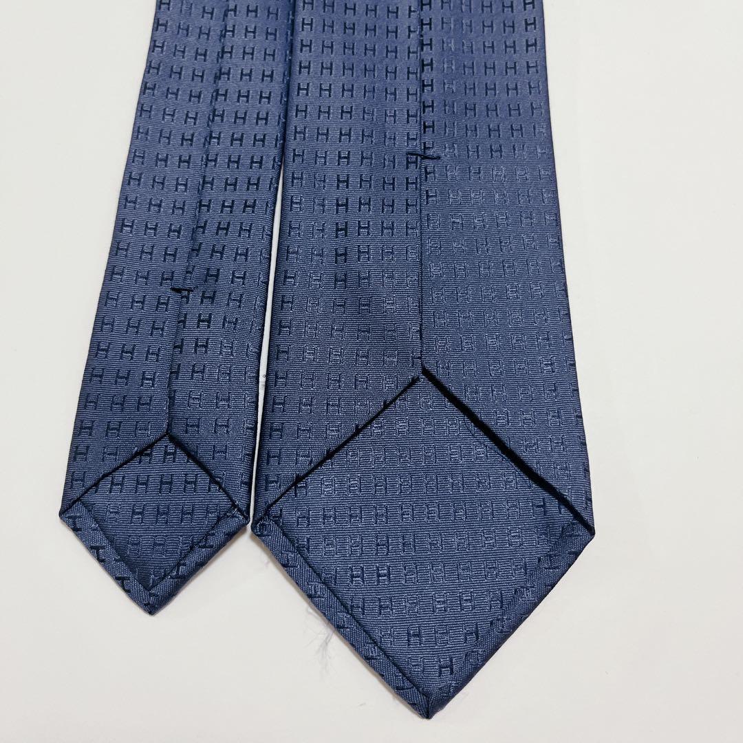 美品 エルメス ネクタイ ハイブランド H柄 ファソネ 光沢 ジャガード織り 紺