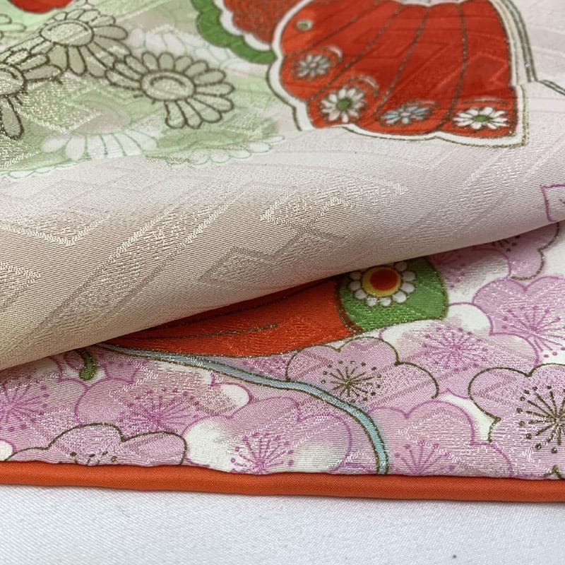 505aj76■ハーフ成人式 卒業式 十歳 女児 着物&袋帯 蝶■状態良好