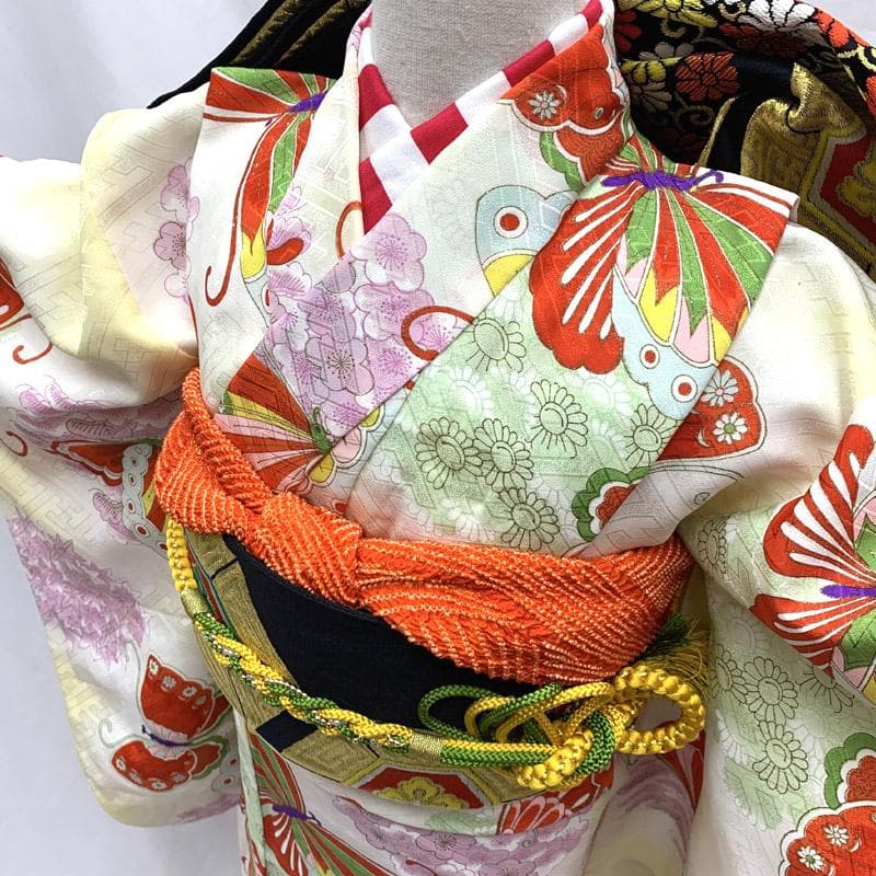 505aj76■ハーフ成人式 卒業式 十歳 女児 着物&袋帯 蝶■状態良好