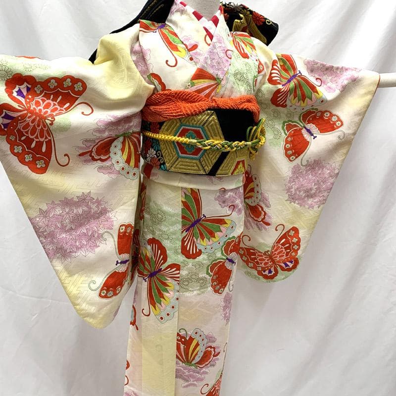 505aj76■ハーフ成人式 卒業式 十歳 女児 着物&袋帯 蝶■状態良好