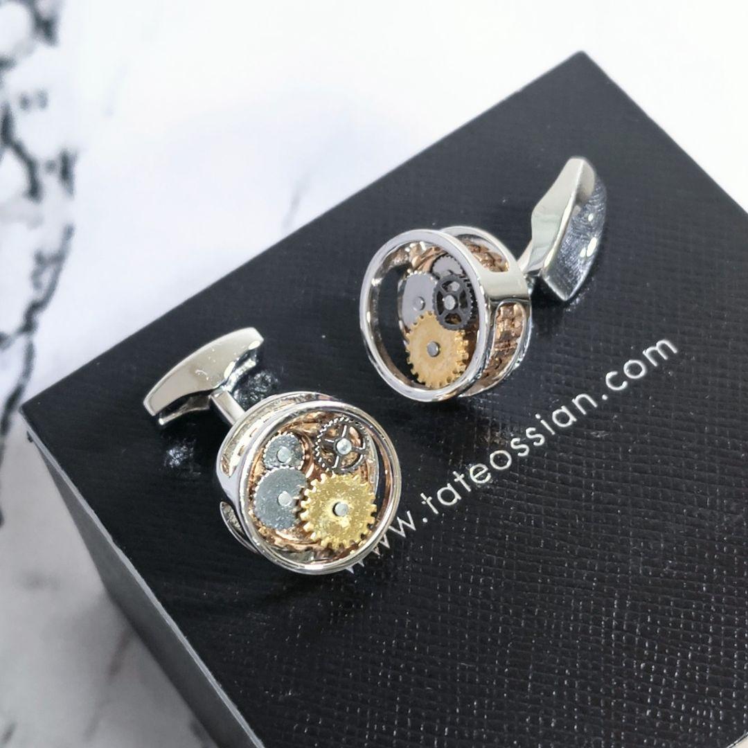 タテオシアンTATEOSSIANラウンド歯車ギアカフスボタン銀金シルバービジネス