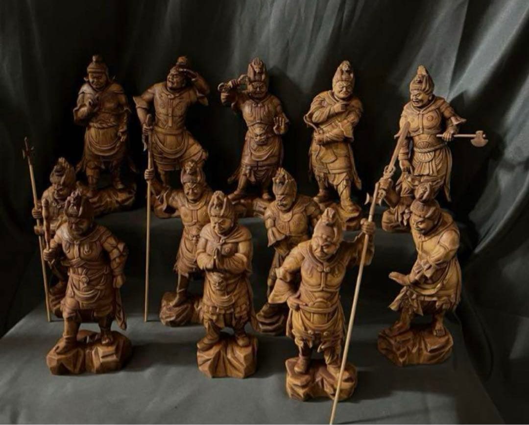 総柘植材 精密細工 古美術 時代木彫 仏教美術 薬師12神将像一式