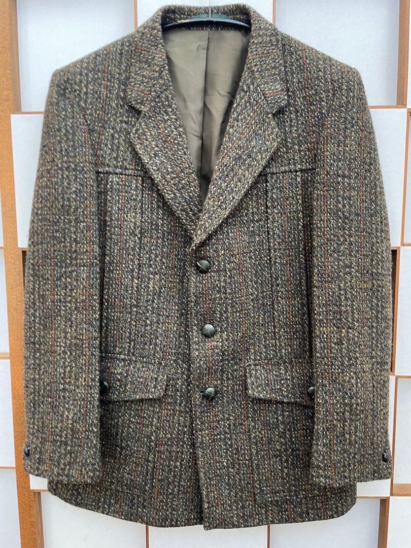 美品 DUNN＆CO ハリスツイード ウールノーフォークジャケット革くるみボタン