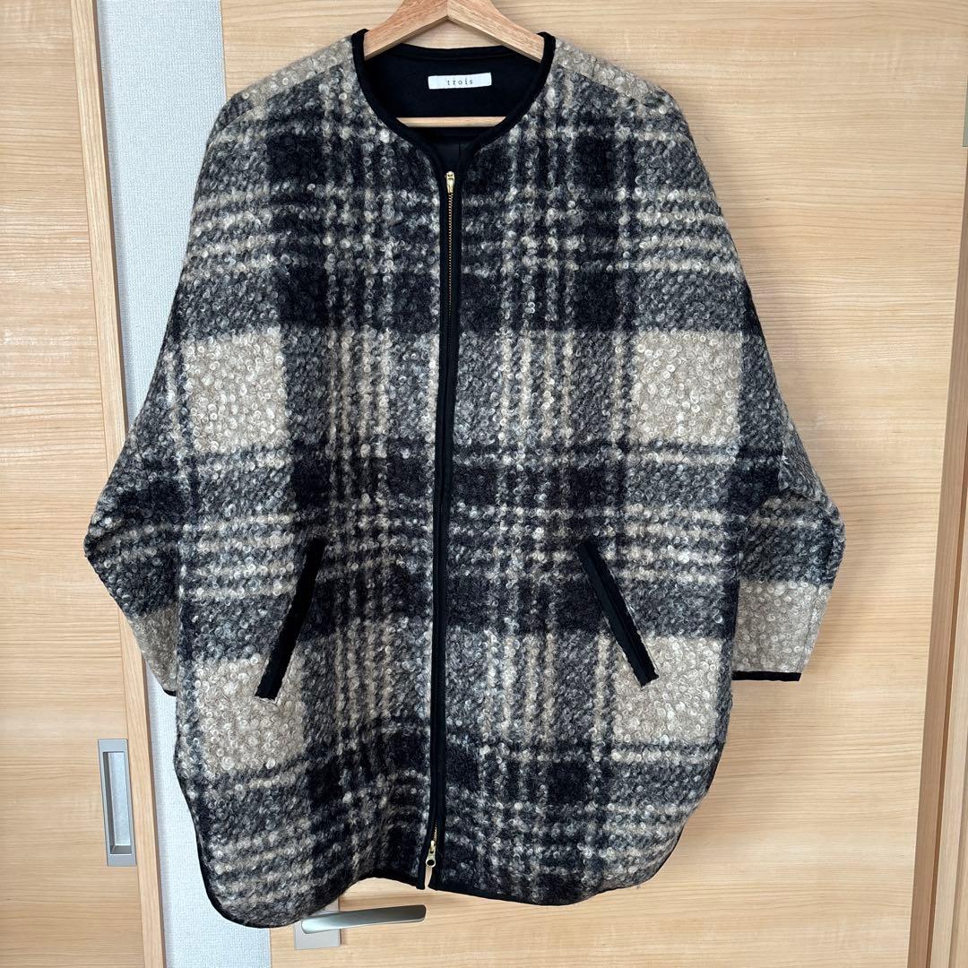 trois ノーカラーチェックジャケット