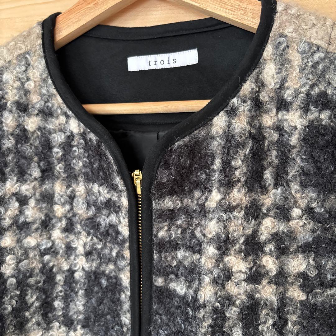 trois ノーカラーチェックジャケット