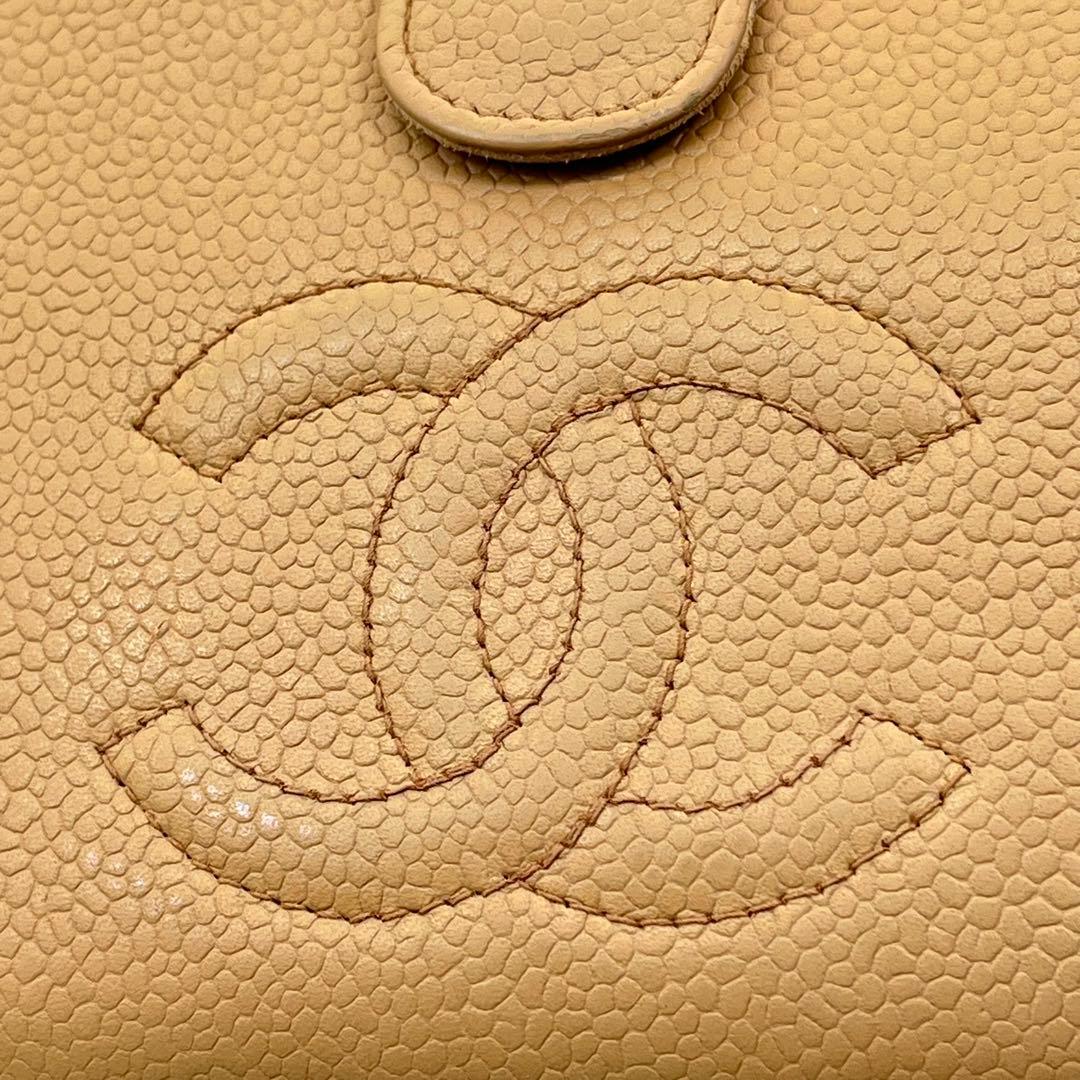 CHANEL 長財布 フラップ ココマーク キャビアスキン がま口 ベージュ