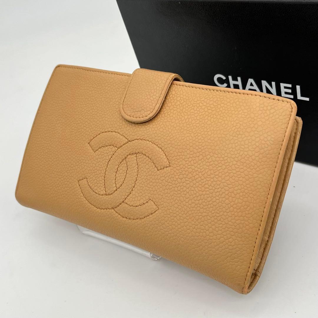 CHANEL 長財布 フラップ ココマーク キャビアスキン がま口 ベージュ