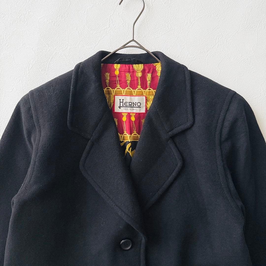 2508Z 美品 ヘルノ 裏地総柄コート カシミヤ混 ロング スカーフ柄 黒