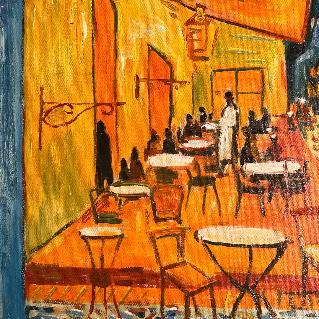 ★秀作★手書き油絵 ゴッホ 夜のカフェテラス 額付 絵画 インテリア 油彩画