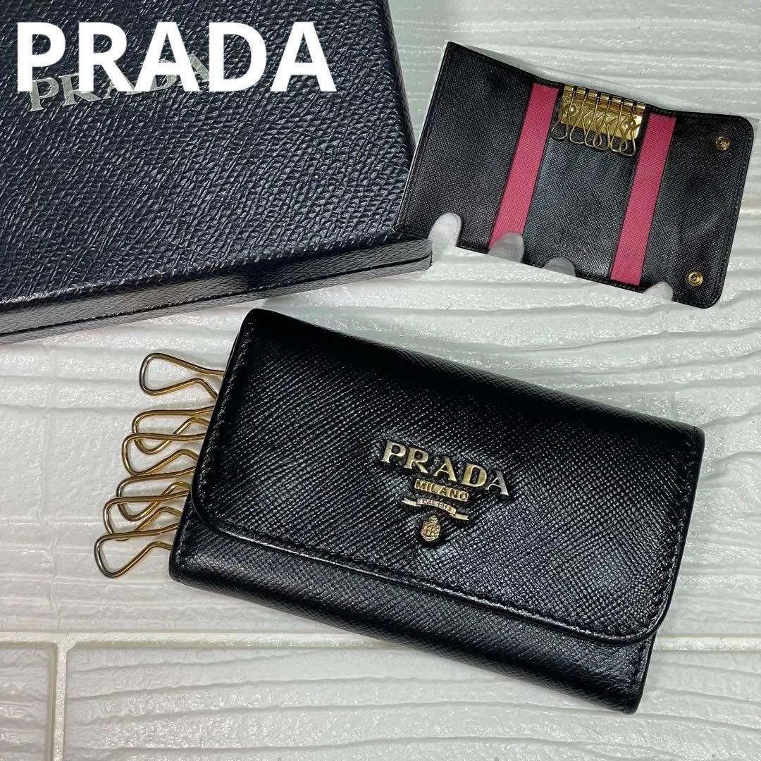 ✨美品✨ プラダ キーケース 6連 サフィアーノレザー バイカラー 黒 ピンク