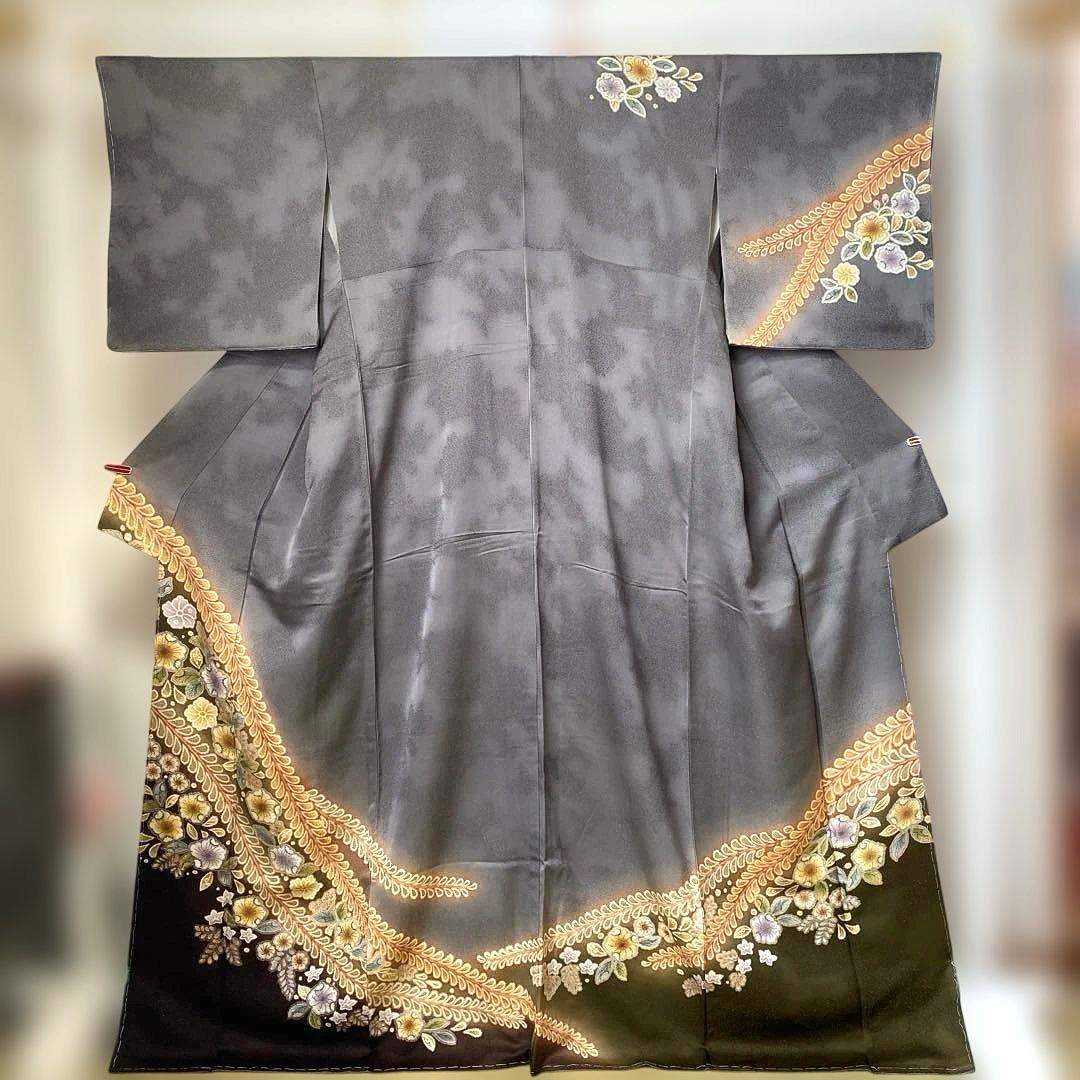 着物-辻が花着物61【未使用・しつけ付き】辻が花の訪問着 正絹 グレー系 高級品