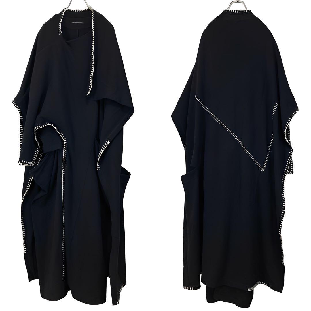 ヨウジヤマモト19AW ウール ハンドステッチ マント 変形ワンピース 黒1