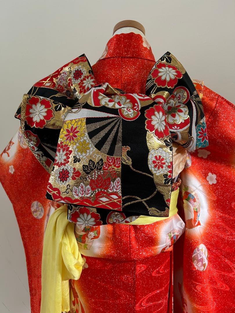 7歳　七五三　正絹着物　古典柄　帯　帯揚げ　帯締め　バッグ　はこせこ　扇子