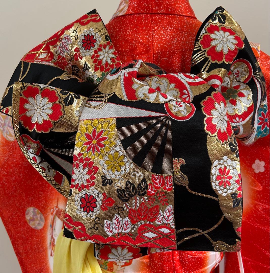 7歳　七五三　正絹着物　古典柄　帯　帯揚げ　帯締め　バッグ　はこせこ　扇子