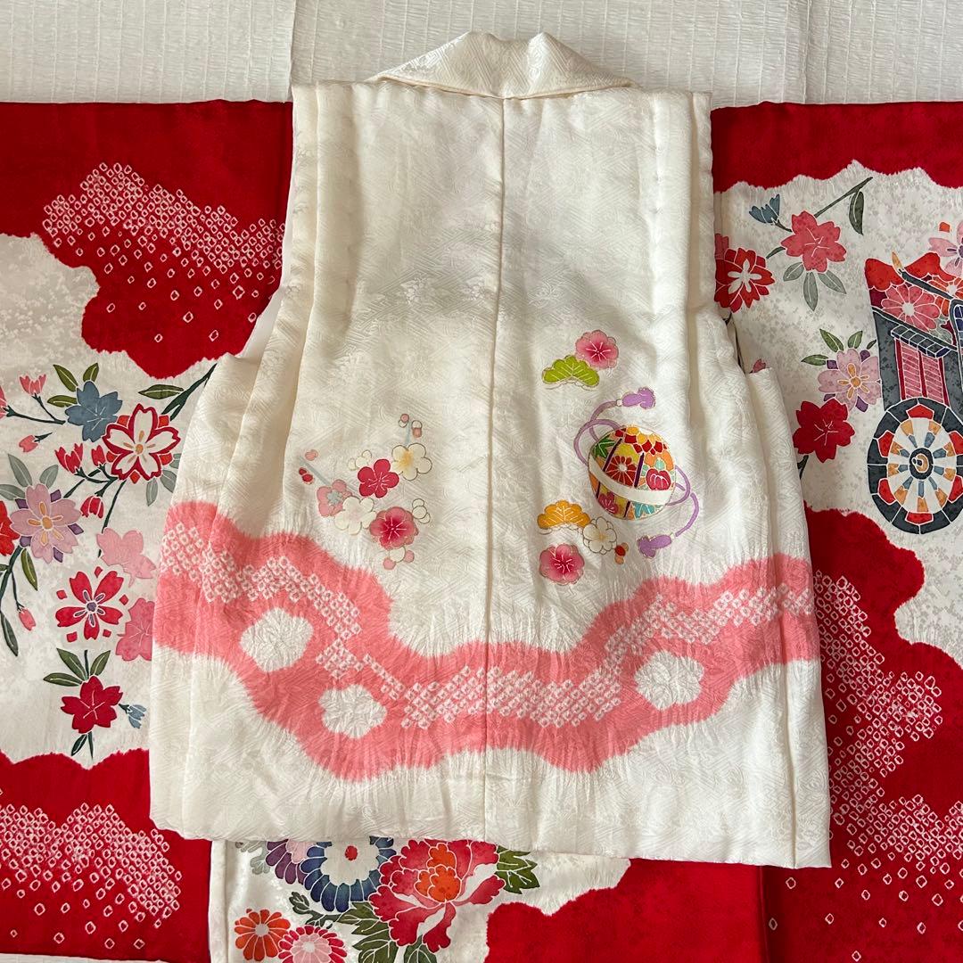 七五三 3歳 着物 753 絹 被布 ピンク 絞り 三歳 赤 刺繍 巾着