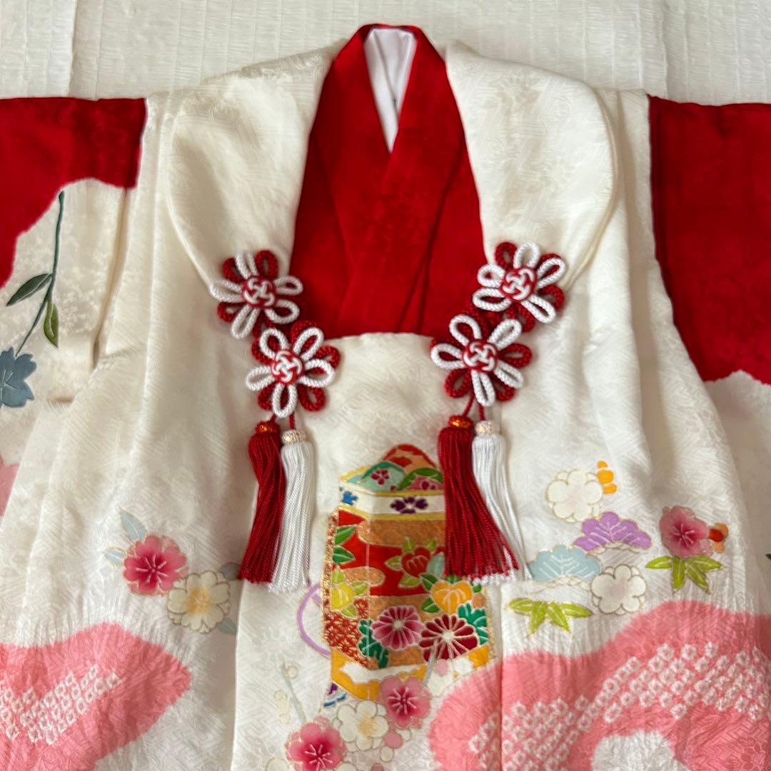 七五三 3歳 着物 753 絹 被布 ピンク 絞り 三歳 赤 刺繍 巾着