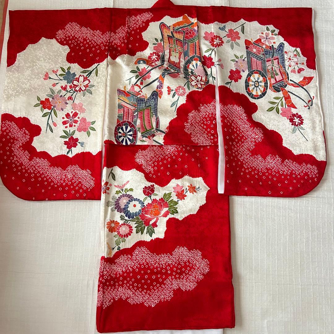 七五三 3歳 着物 753 絹 被布 ピンク 絞り 三歳 赤 刺繍 巾着