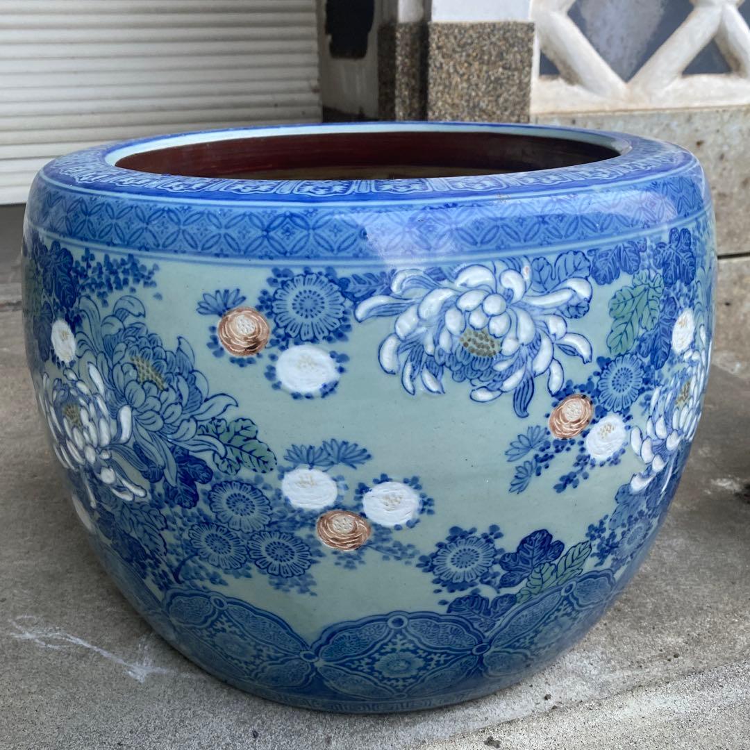 作名有り　染付草花文火鉢