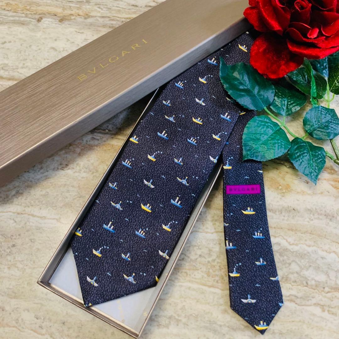 N91 新品未使用 ブルガリ セッテピエゲ 総柄 ヨット柄 ネクタイ メンズ