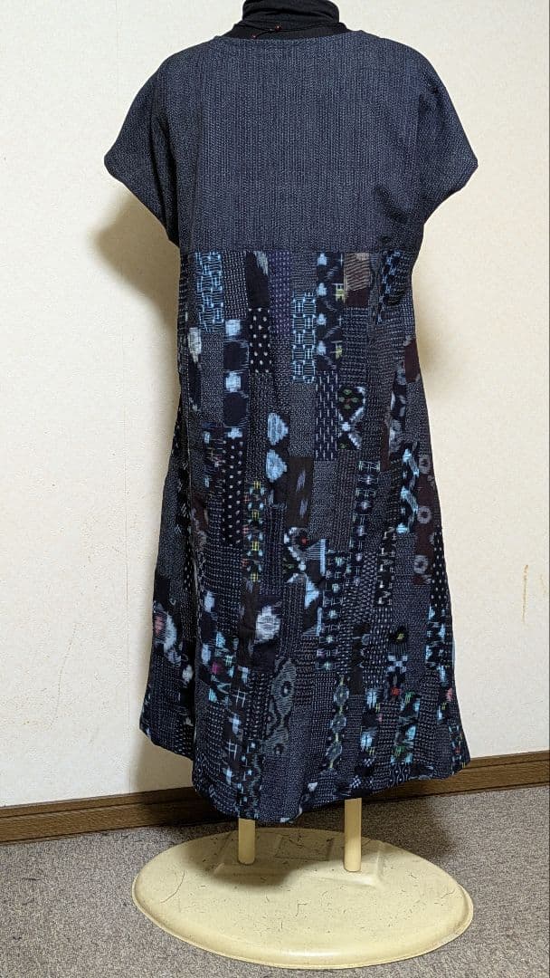書生紬　久留米絣　古布　藍染着物リメイクロングワンピース　　109