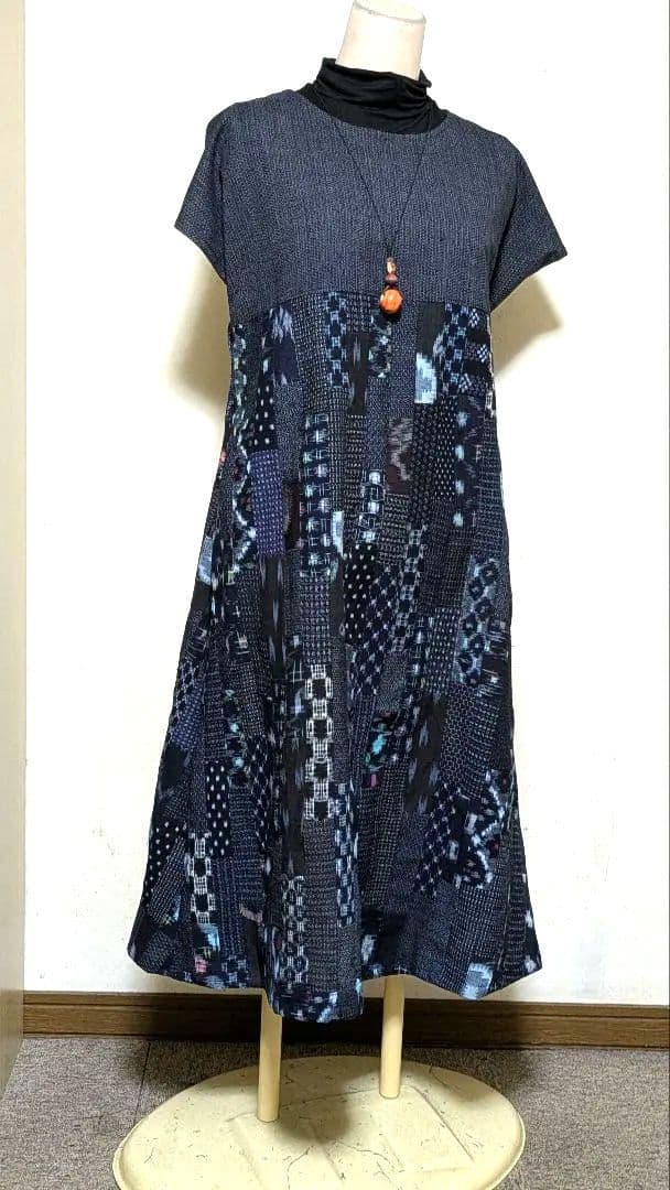 書生紬　久留米絣　古布　藍染着物リメイクロングワンピース　　109