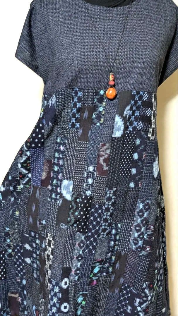 書生紬　久留米絣　古布　藍染着物リメイクロングワンピース　　109