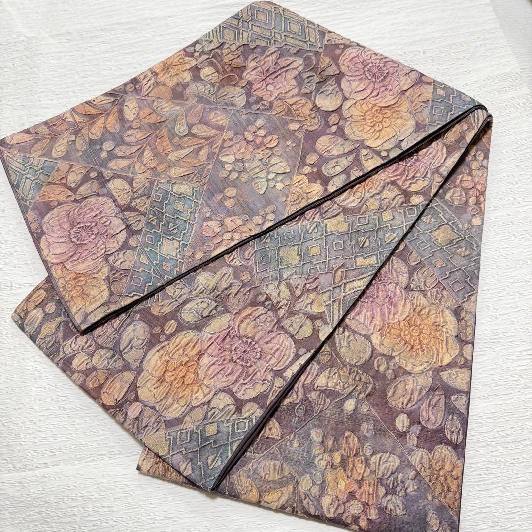 m-76 渡文謹製 手織り 辻ヶ花 纐纈 膨れ帯 正絹 袋帯