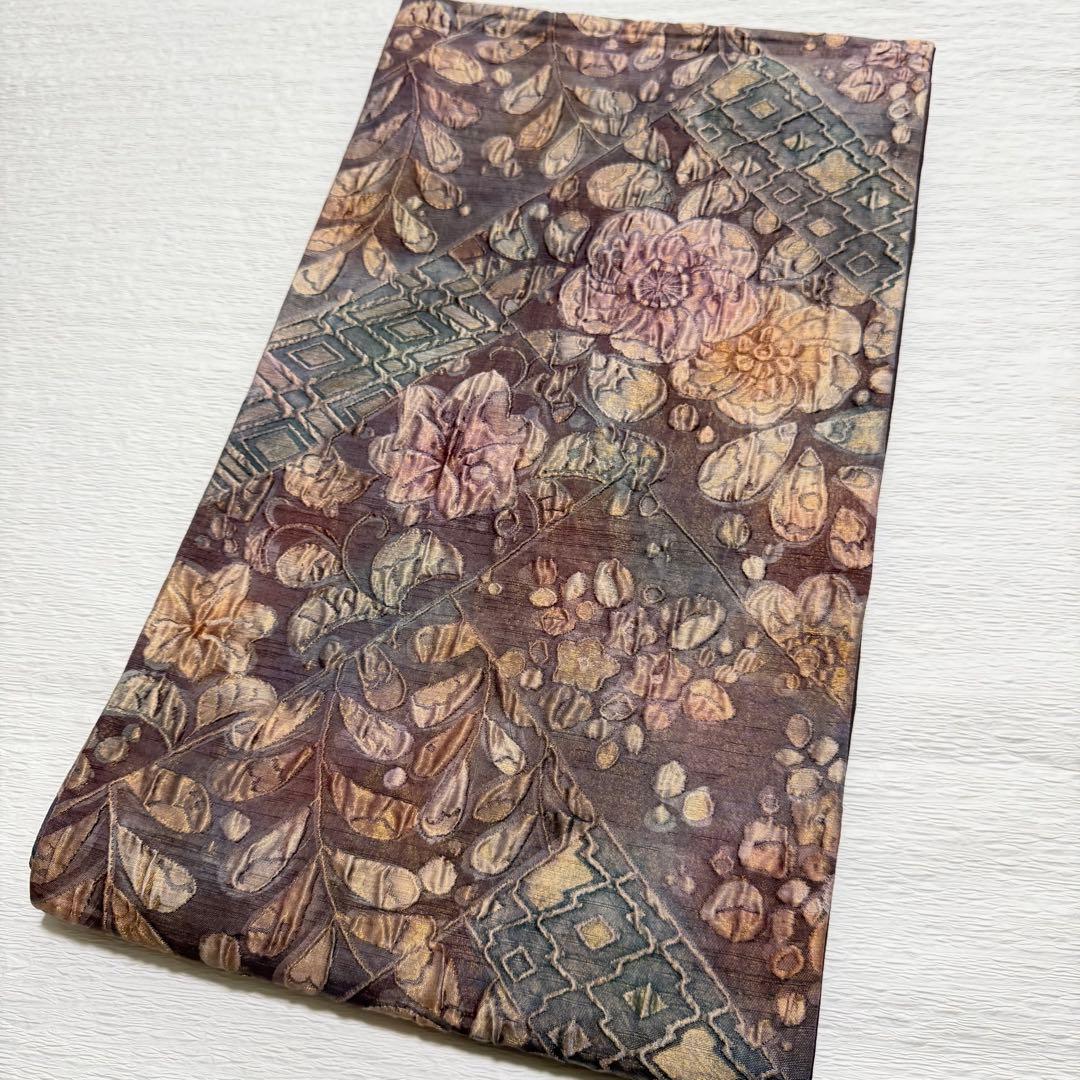 m-76 渡文謹製 手織り 辻ヶ花 纐纈 膨れ帯 正絹 袋帯