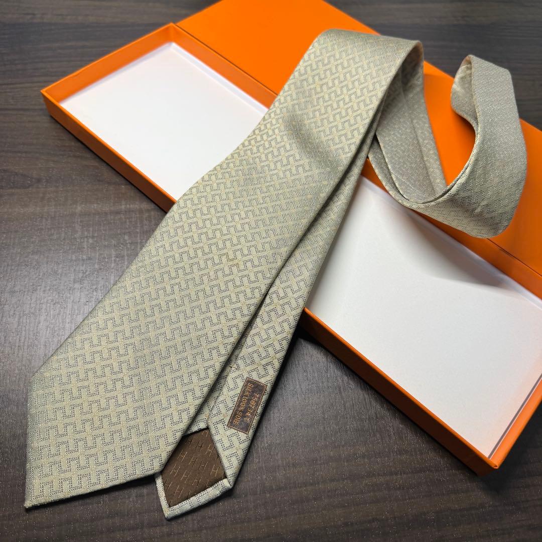 極美品 HERMES エルメス Hロゴ 織柄 ネクタイ ジャガード シルク