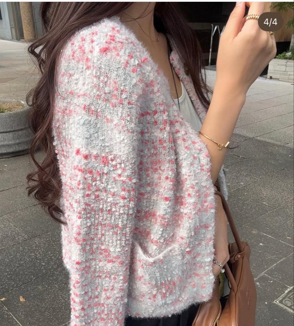 Moripon ノーカラージャケット グレー・ピンク