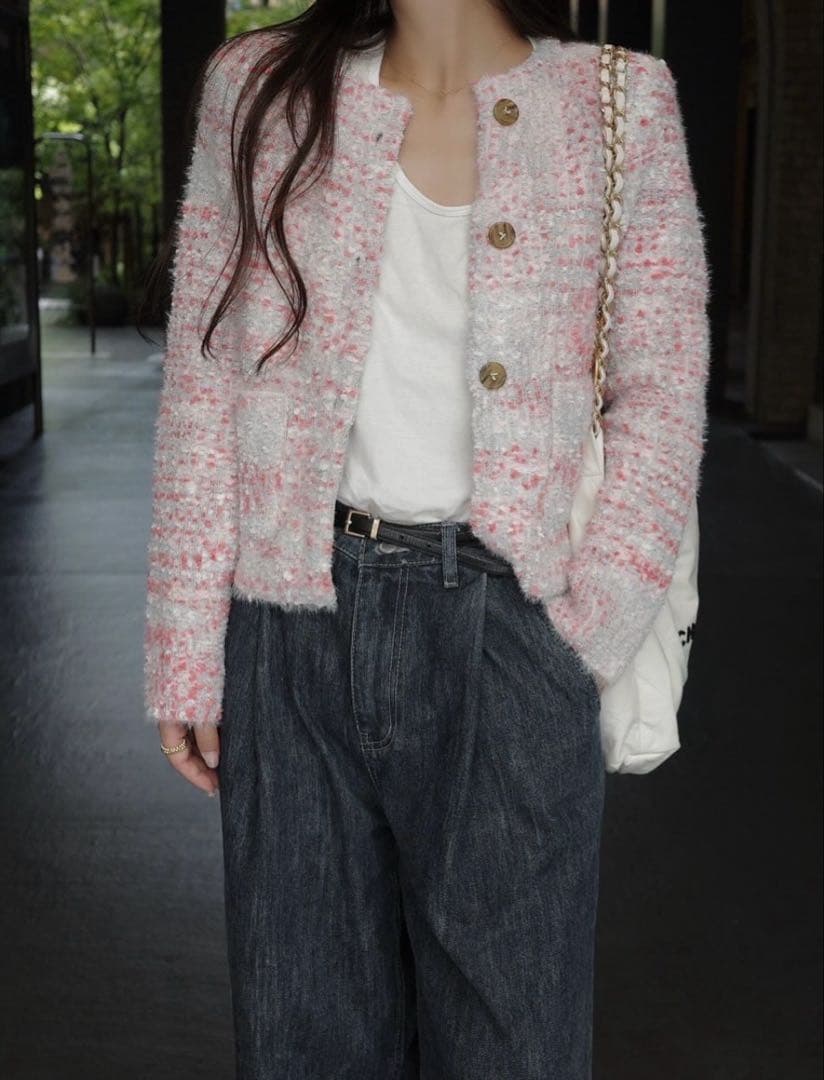 Moripon ノーカラージャケット グレー・ピンク