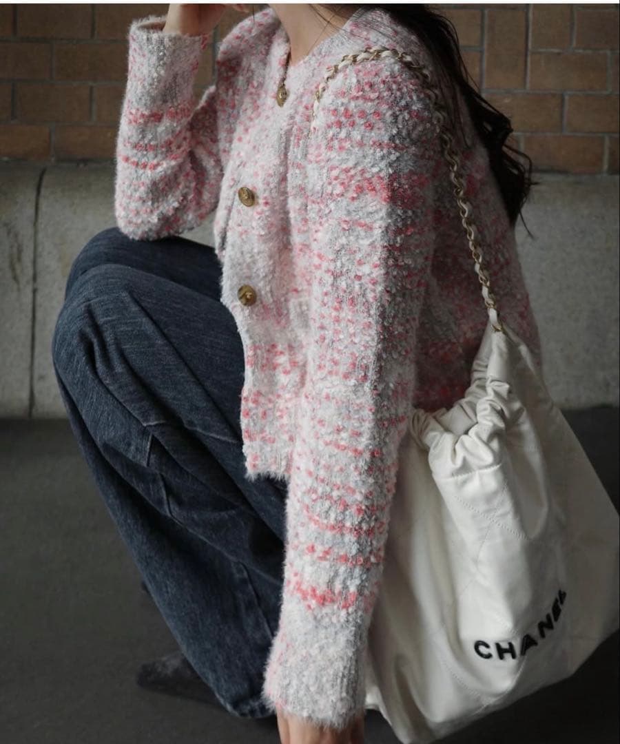 Moripon ノーカラージャケット グレー・ピンク